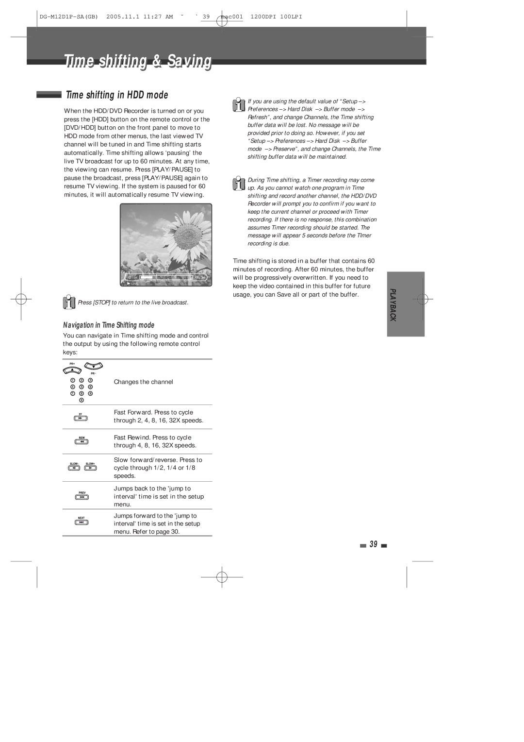 Daewoo DH-6100P user manual Timei shiftingi ti & Savingi, Time shifting in HDD mode, Navigation in Time Shifting mode 