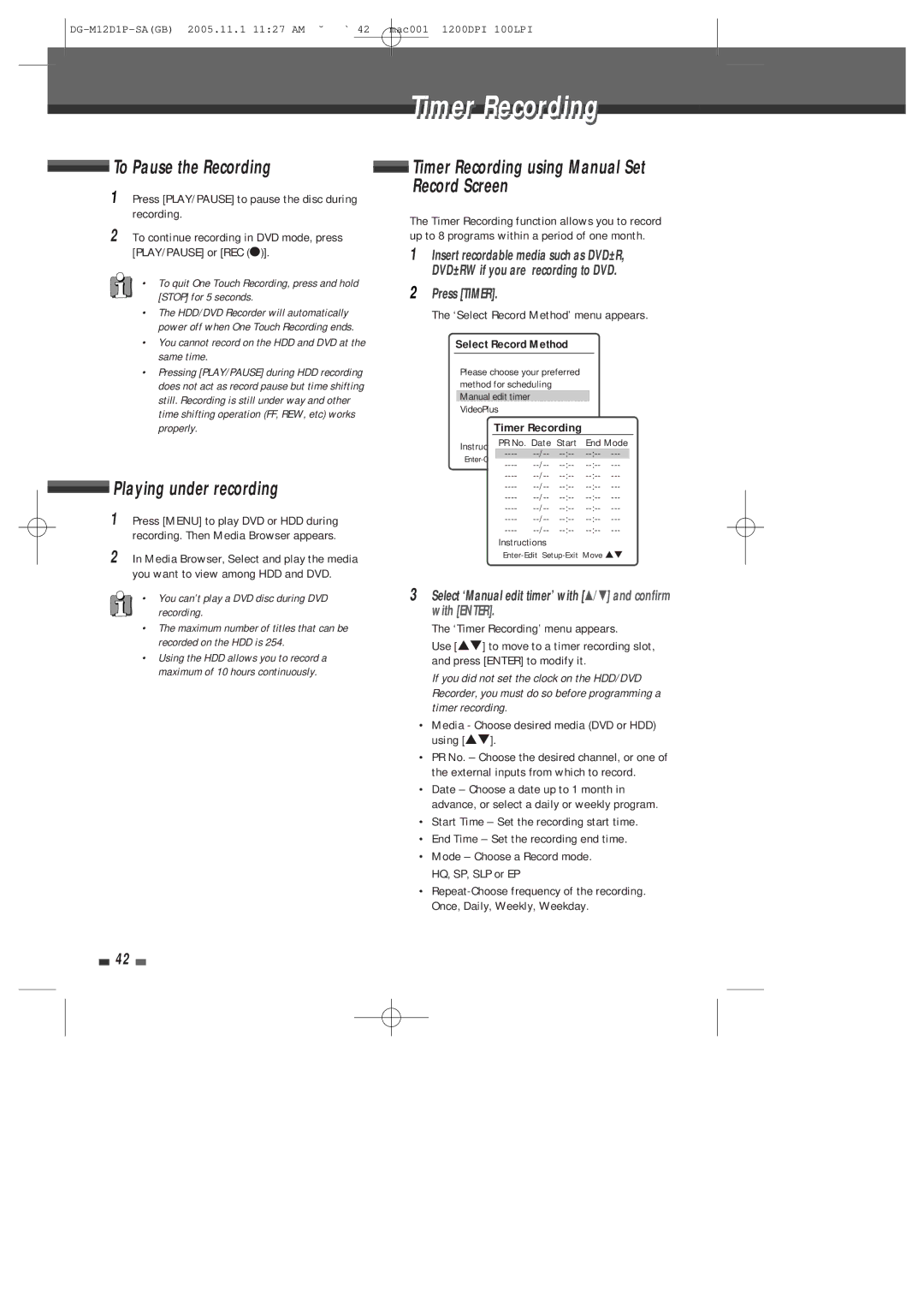 Daewoo DH-6100P user manual Timer Recording, To Pause the Recording, Playing under recording 