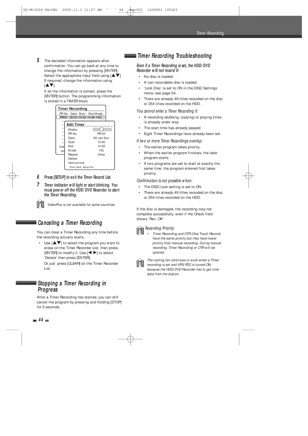 Daewoo DH-6100P Canceling a Timer Recording, Timer Recording Troubleshooting, Stopping a Timer Recording in Progress 