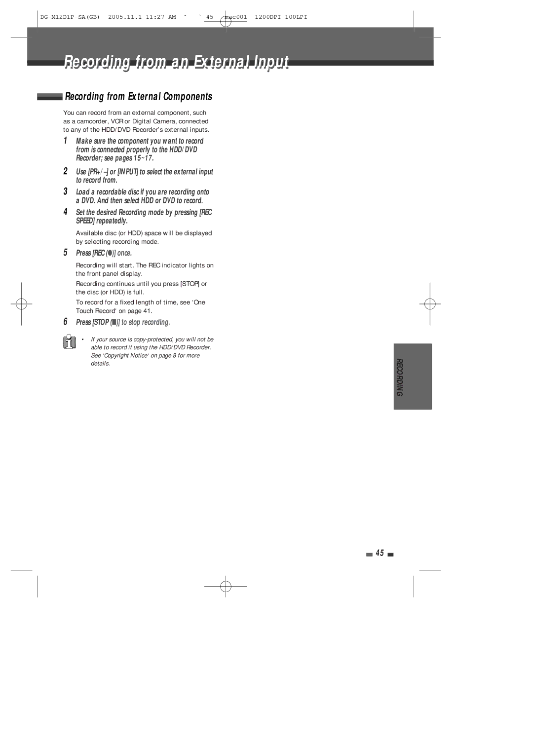 Daewoo DH-6100P user manual Recording from an External Input, Recording from External Components 