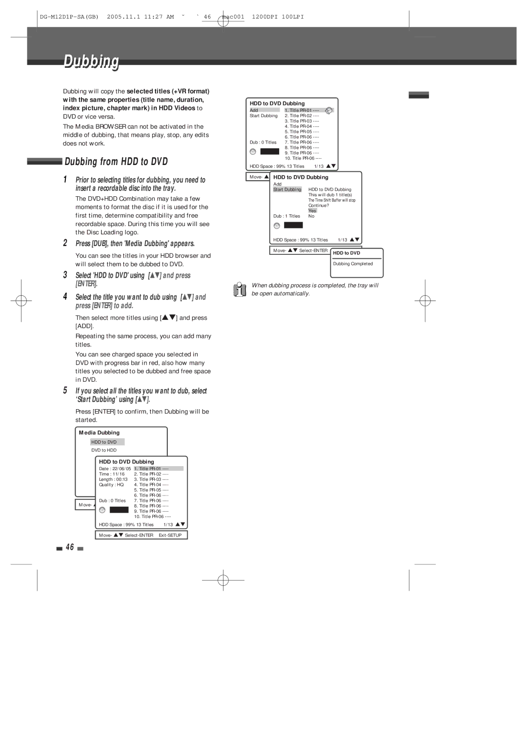 Daewoo DH-6100P user manual Dubbing from HDD to DVD, Press DUB, then Media Dubbing appears 