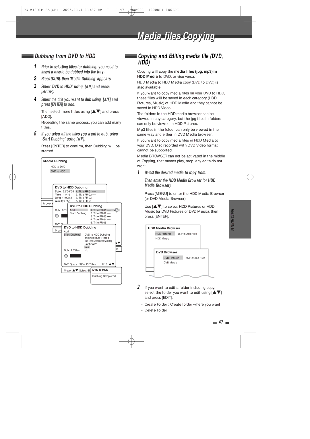 Daewoo DH-6100P user manual Media files Copying, Dubbing from DVD to HDD, Copying and Editing media file DVD, HDD 