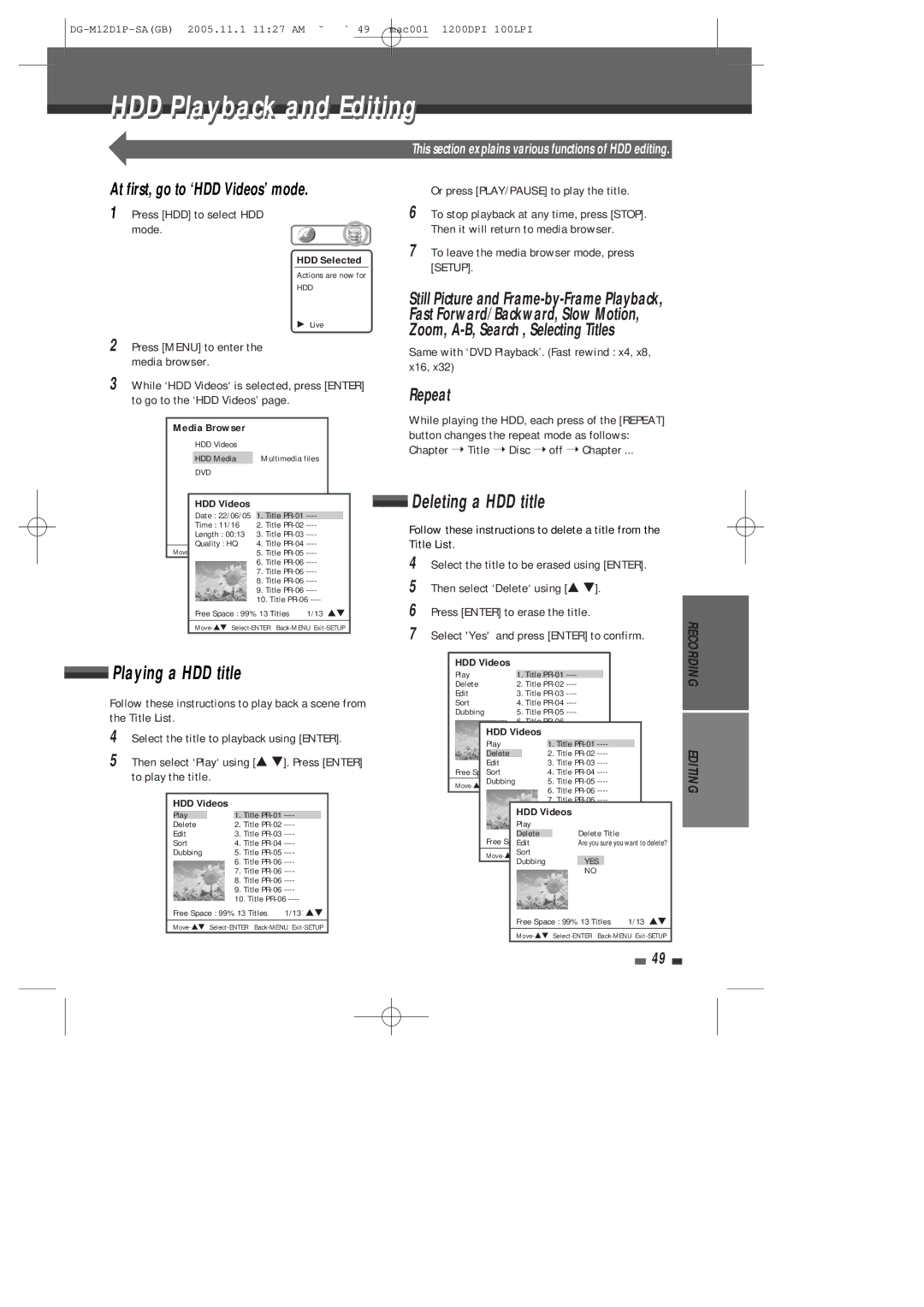 Daewoo DH-6100P user manual HDD Playback and Editing, Playing a HDD title, Deleting a HDD title 