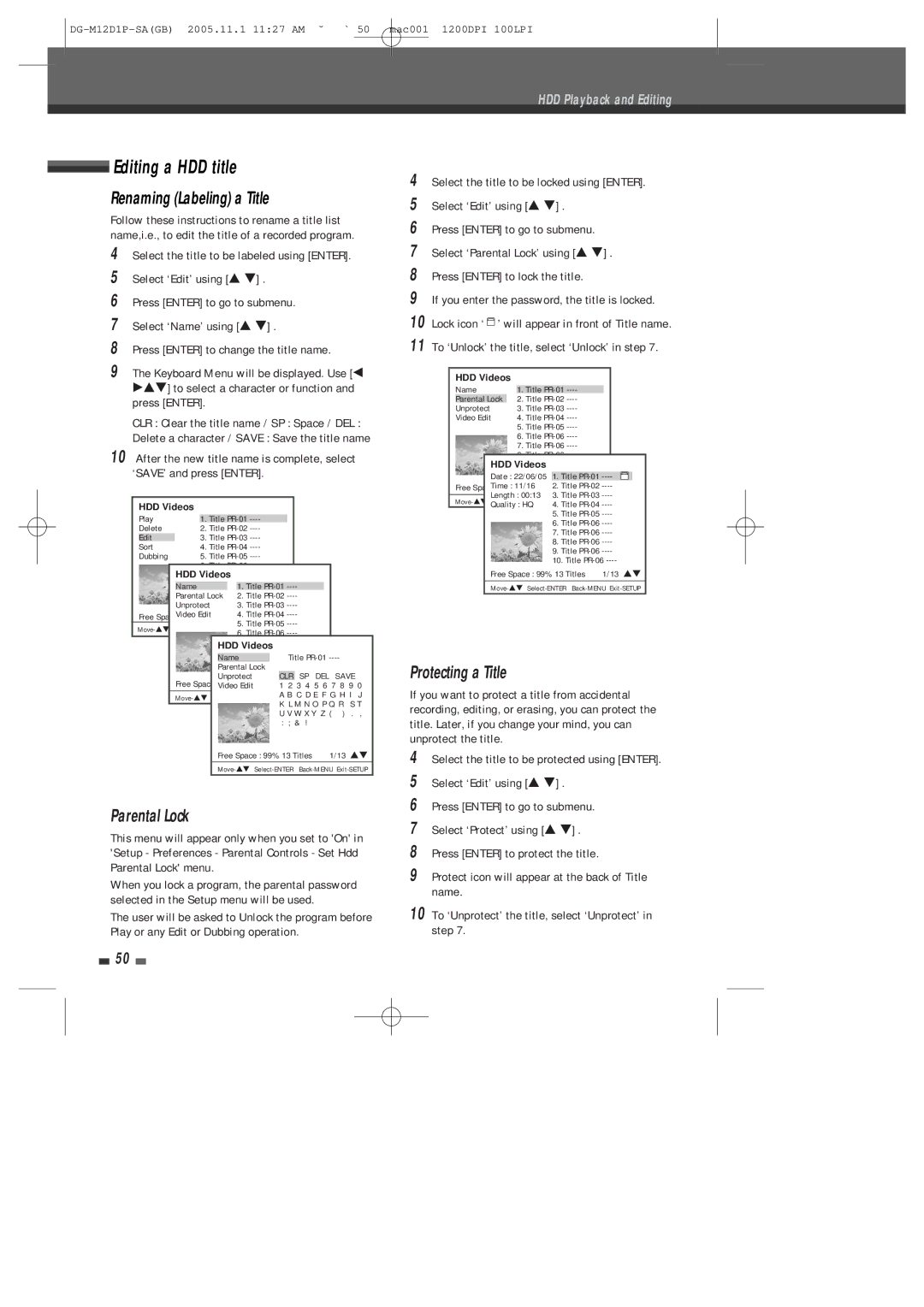 Daewoo DH-6100P user manual Editing a HDD title, Renaming Labeling a Title, Parental Lock, Protecting a Title 