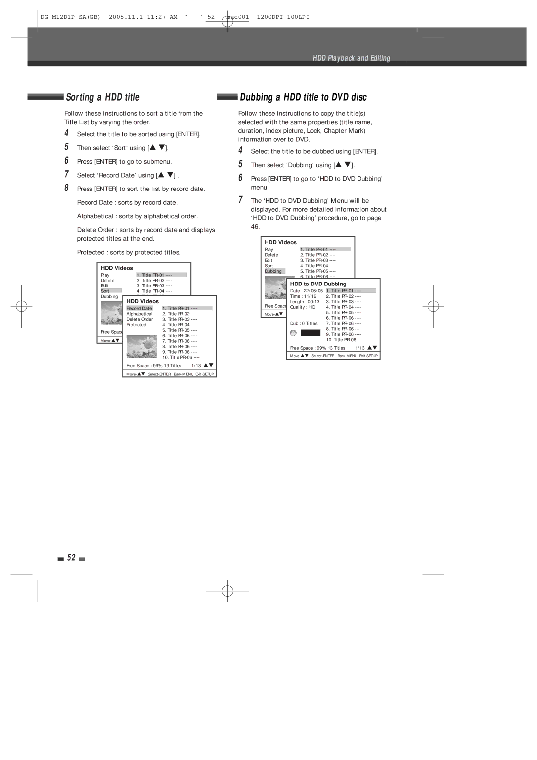 Daewoo DH-6100P user manual Sorting a HDD title, Dubbing a HDD title to DVD disc 