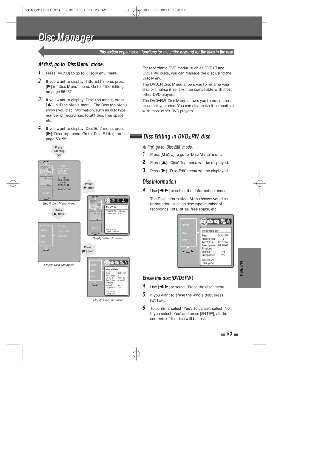 Daewoo DH-6100P user manual Disci Manager, Disc Editing in DVD±RW disc, At first, go to ‘Disc Menu’ mode, Disc Information 