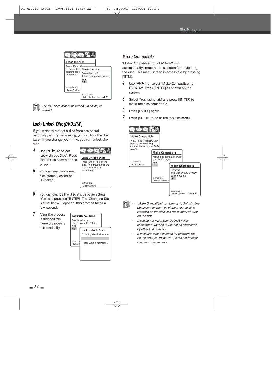 Daewoo DH-6100P user manual Lock/Unlock Disc DVD±RW, Make Compatible, Erase the disc 