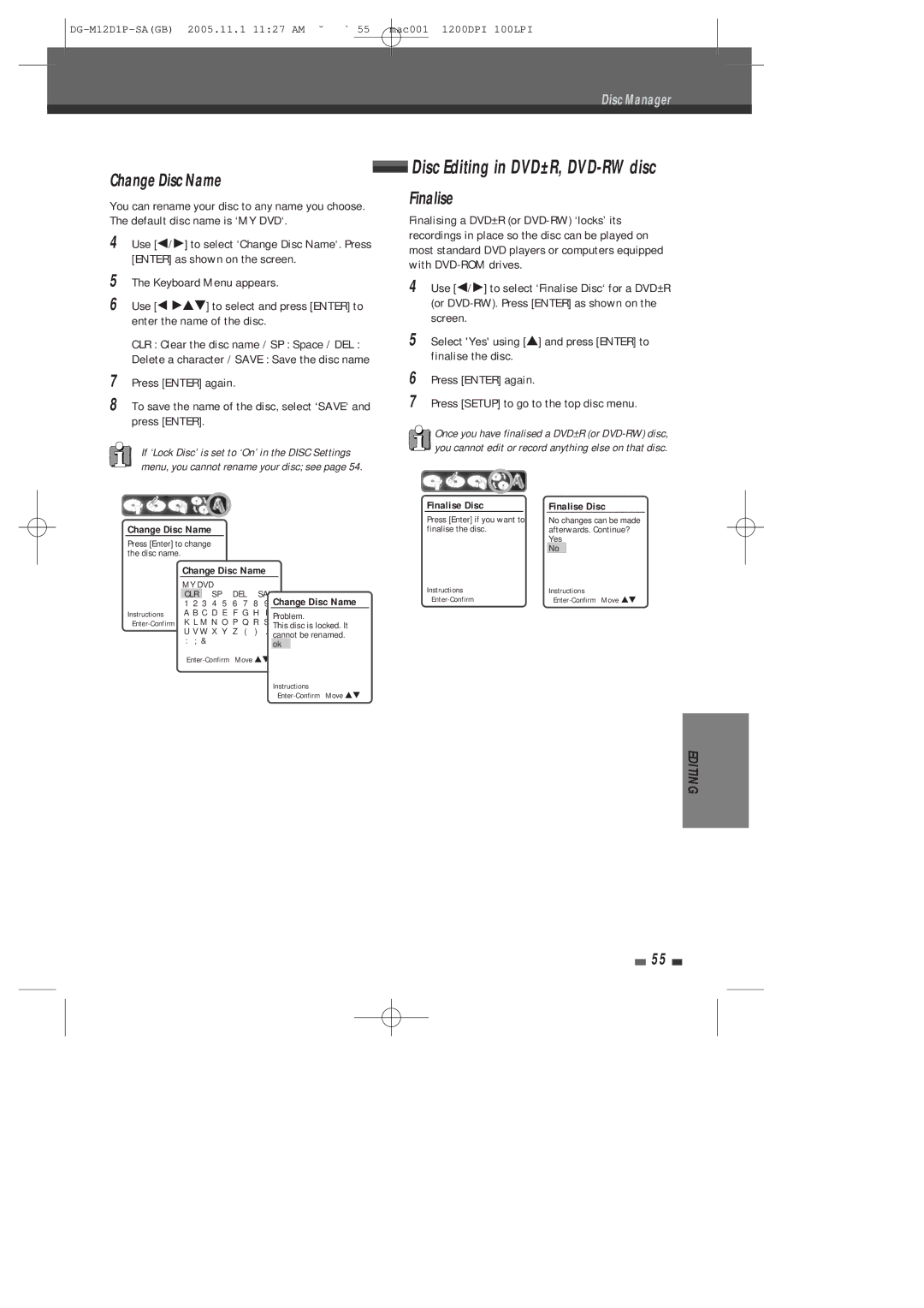 Daewoo DH-6100P user manual Disc Editing in DVD±R, DVD-RW disc, Finalise 