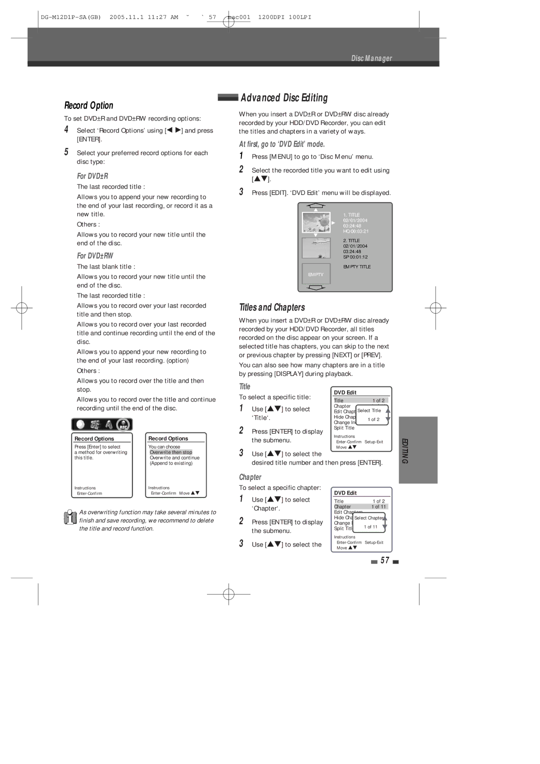 Daewoo DH-6100P user manual Advanced Disc Editing, Record Option, Titles and Chapters 