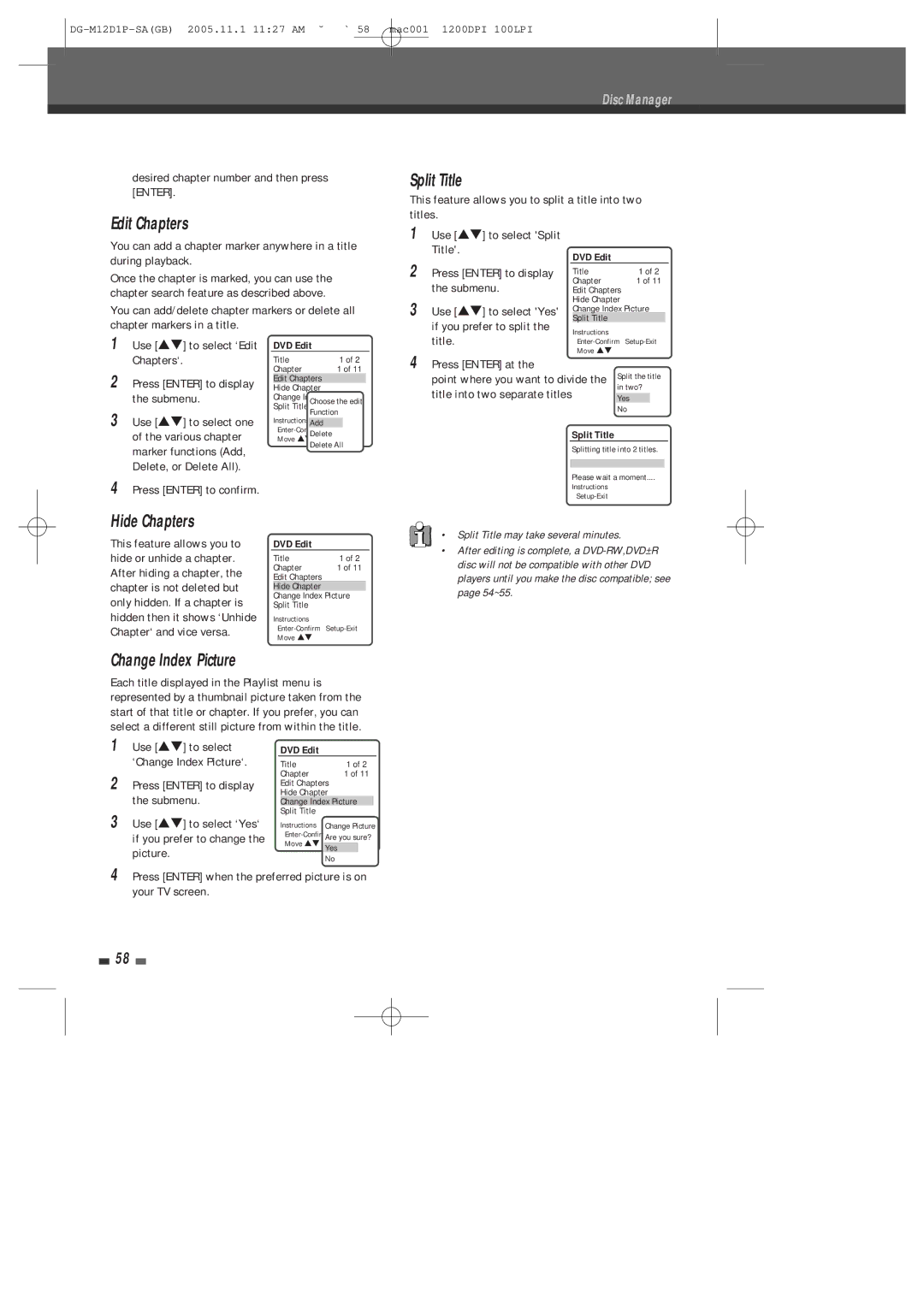 Daewoo DH-6100P user manual Edit Chapters, Split Title, Hide Chapters, Change Index Picture 