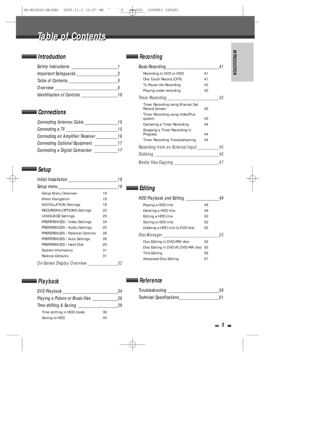 Daewoo DH-6100P user manual Table of Contents 