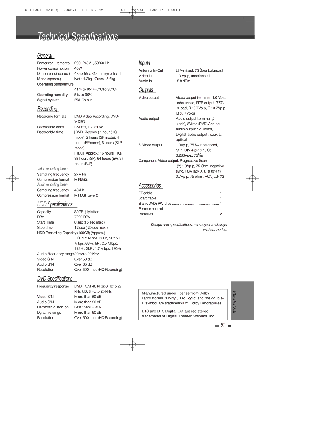 Daewoo DH-6100P user manual General, Recording, HDD Specifications, DVD Specifications, Inputs, Outputs, Accessories 