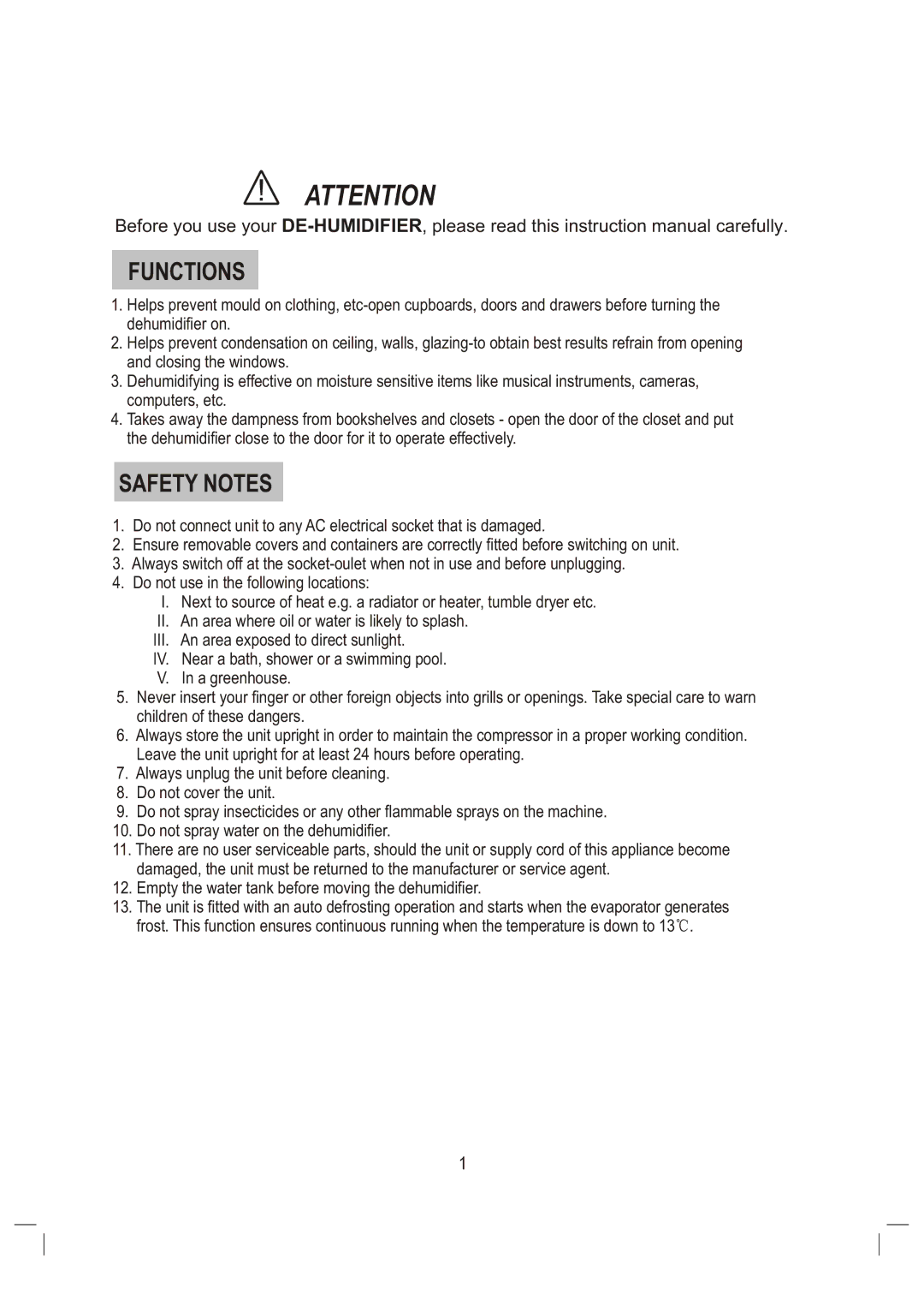 Daewoo DHC-600, DHC-250, DHC-400 manual Functions, Safety Notes 