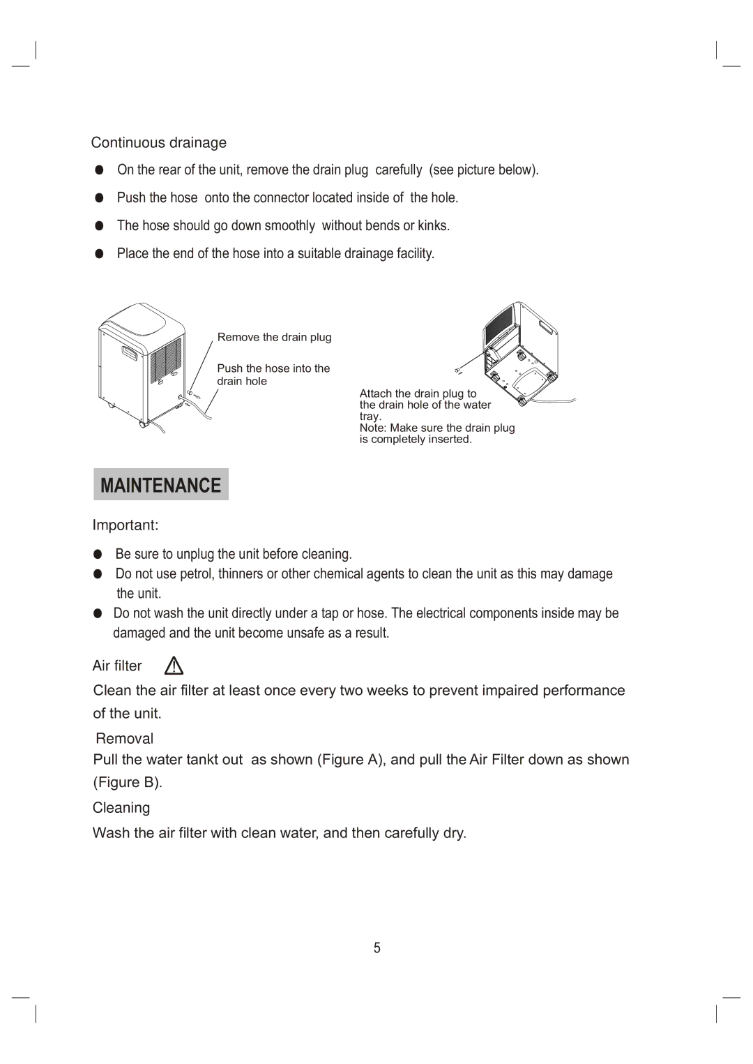 Daewoo DHC-250, DHC-600, DHC-400 manual Maintenance, Continuous drainage, Air filter, Removal, Cleaning 