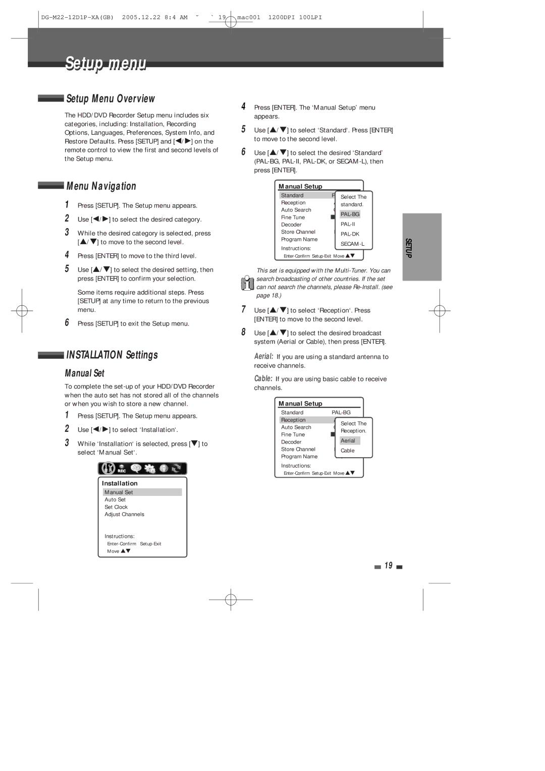 Daewoo DHR-8100P user manual Setup menu, Setup Menu Overview, Menu Navigation, Installation Settings, Manual Set 