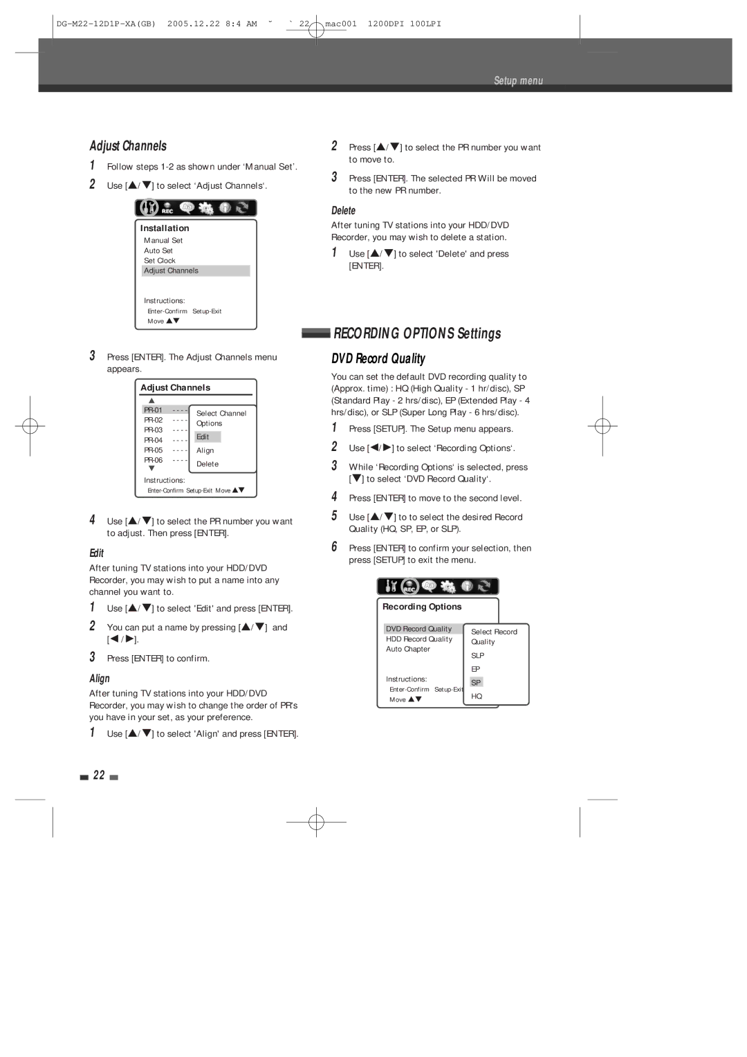 Daewoo DHR-8100P user manual Recording Options Settings, Adjust Channels, DVD Record Quality 