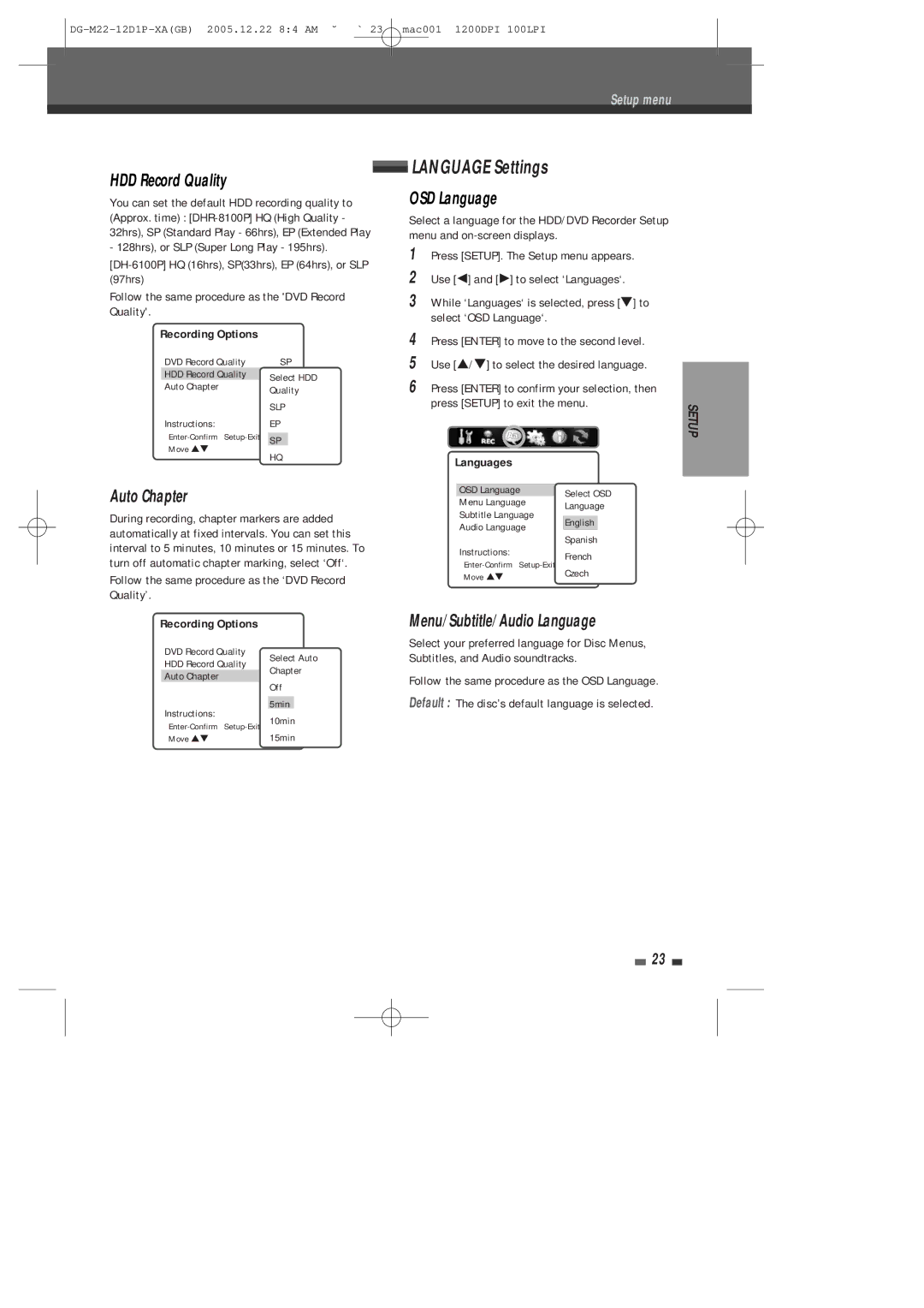 Daewoo DHR-8100P user manual Language Settings, HDD Record Quality, Auto Chapter, OSD Language, Languages 