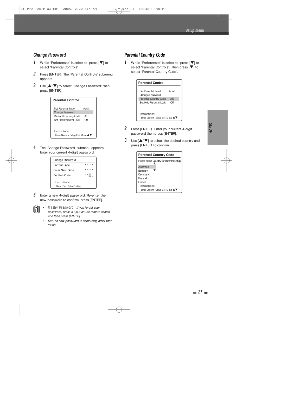 Daewoo DHR-8100P user manual Change Password, Select ‘Parental Country Code‘ 