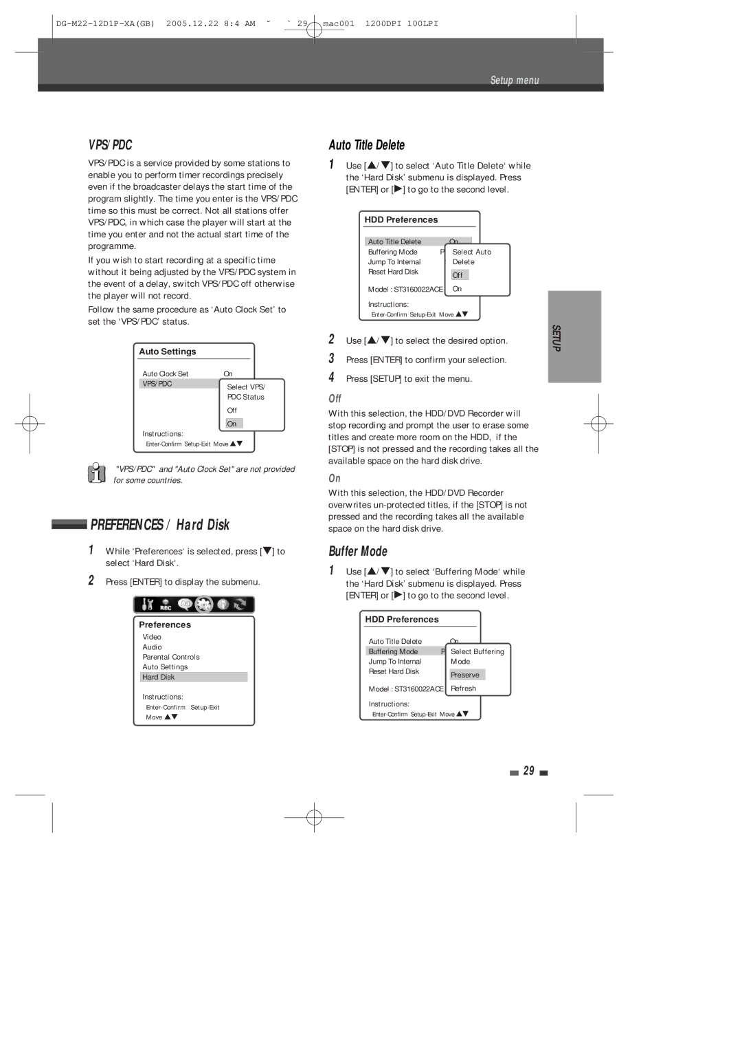 Daewoo DHR-8100P user manual Preferences / Hard Disk, Auto Title Delete, Buffer Mode, HDD Preferences 