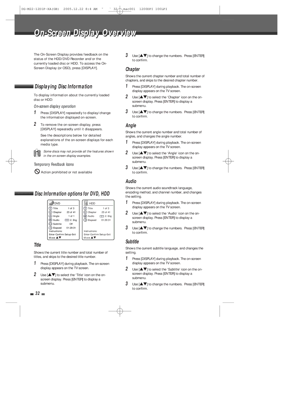 Daewoo DHR-8100P user manual On-Screen Displayi l Overviewi, Displaying Disc Information 