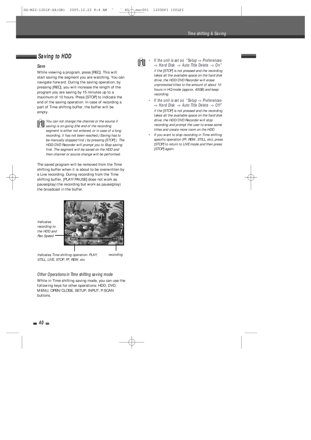 Daewoo DHR-8100P user manual Saving to HDD, Save, Other Operations in TIme shifting saving mode 