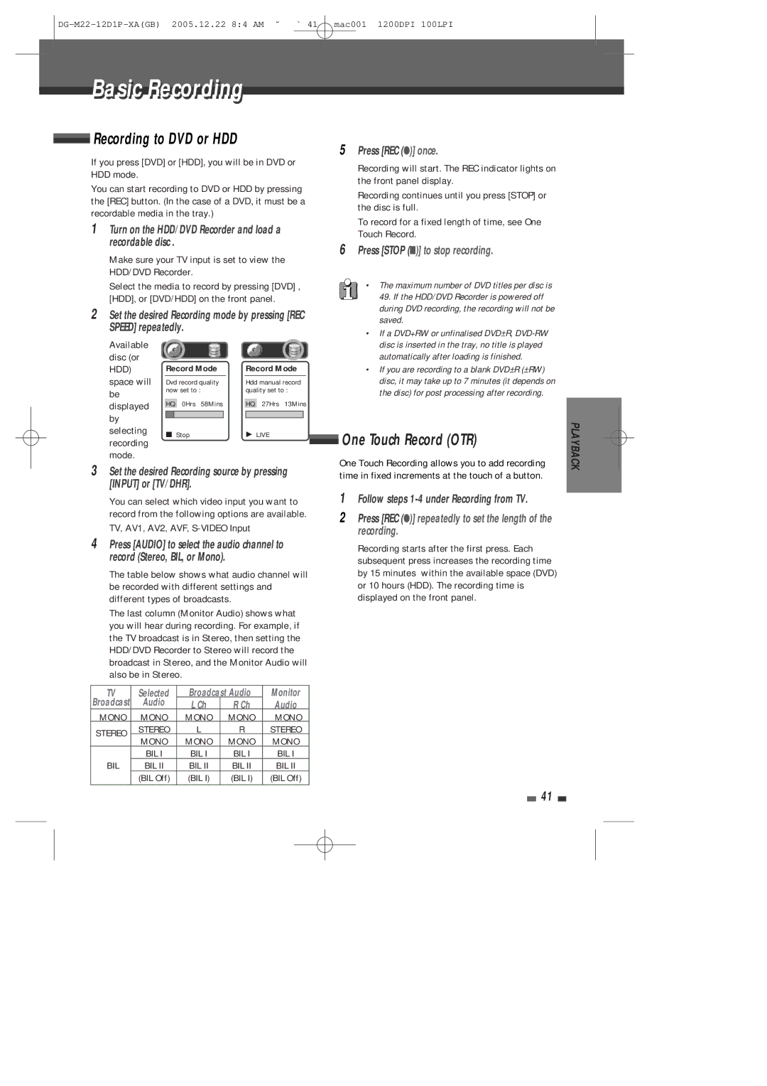 Daewoo DHR-8100P user manual Basicic Recordingi, Recording to DVD or HDD, One Touch Record OTR 