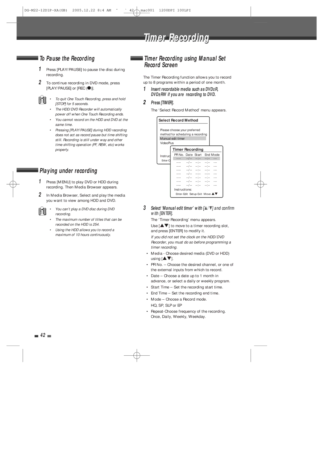 Daewoo DHR-8100P user manual Timer Recording, To Pause the Recording, Playing under recording 