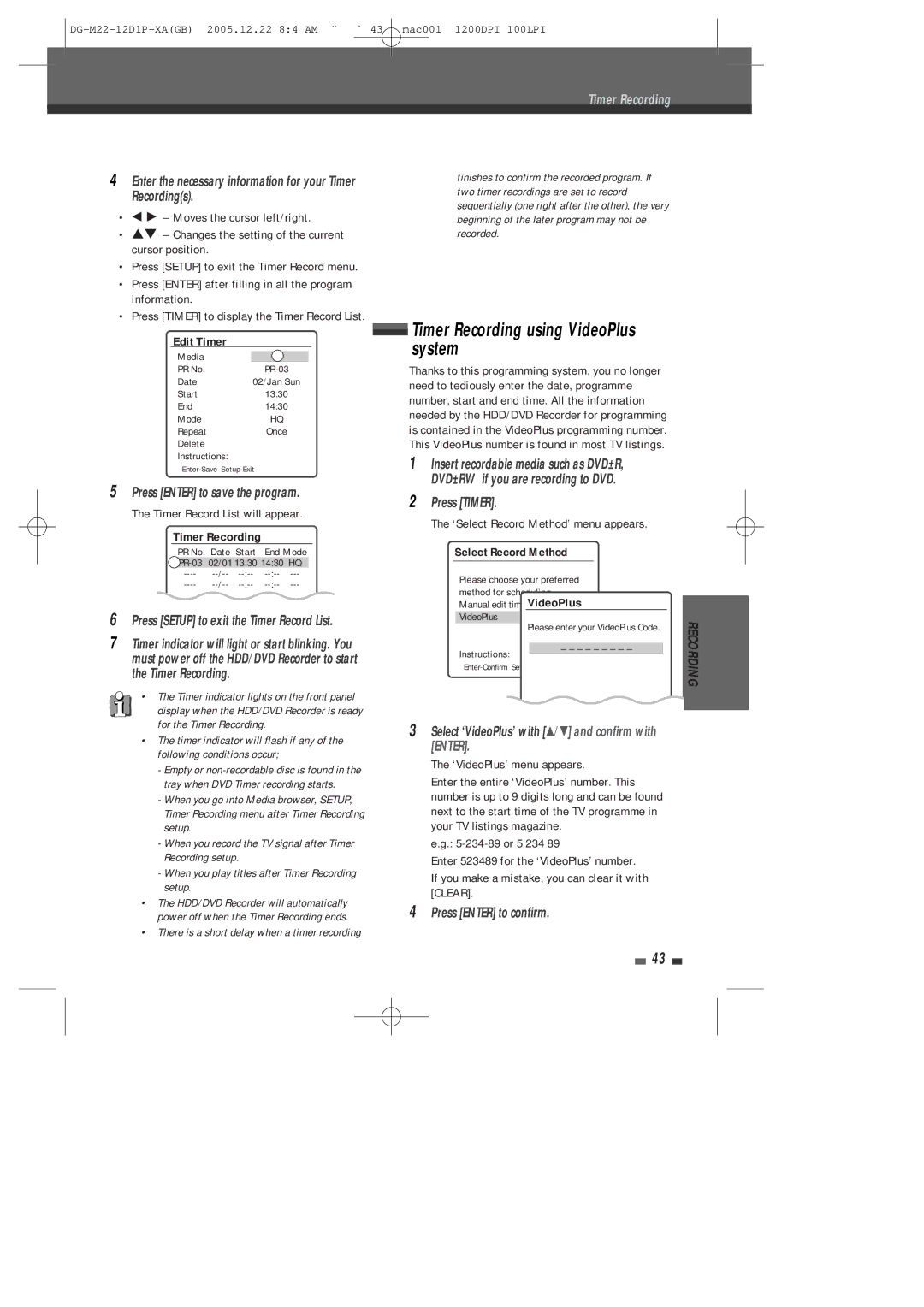 Daewoo DHR-8100P System, Enter the necessary information for your Timer Recordings, Timer Recording using VideoPlus 