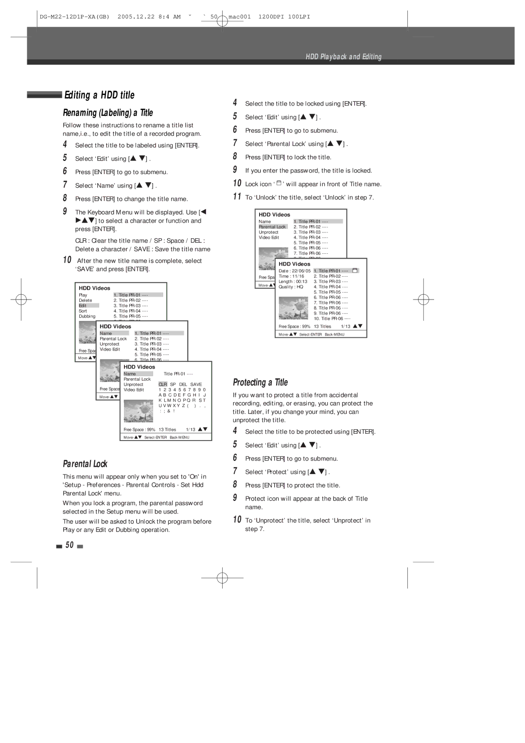 Daewoo DHR-8100P user manual Editing a HDD title, Renaming Labeling a Title, Parental Lock, Protecting a Title 