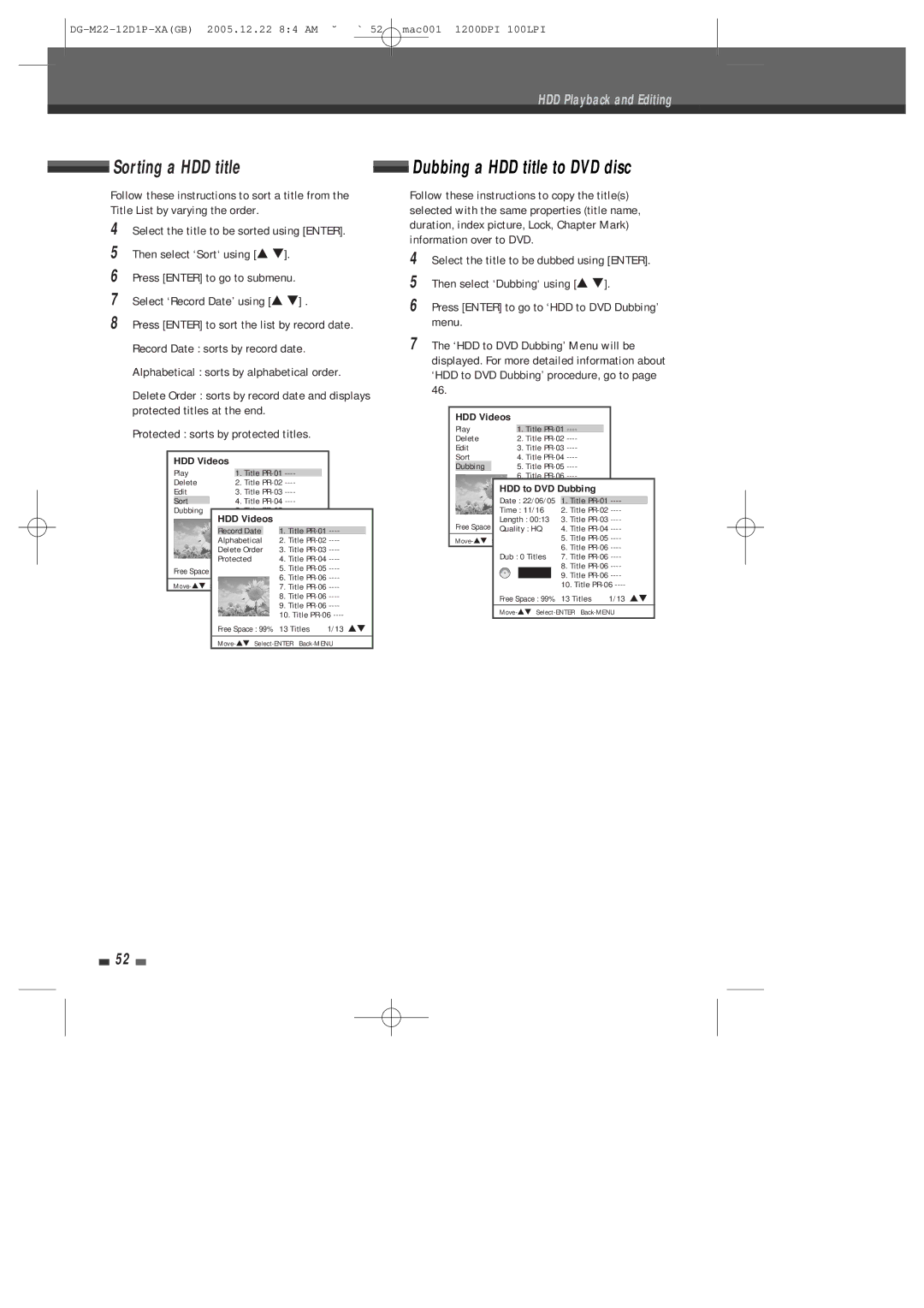 Daewoo DHR-8100P user manual Sorting a HDD title, Dubbing a HDD title to DVD disc 