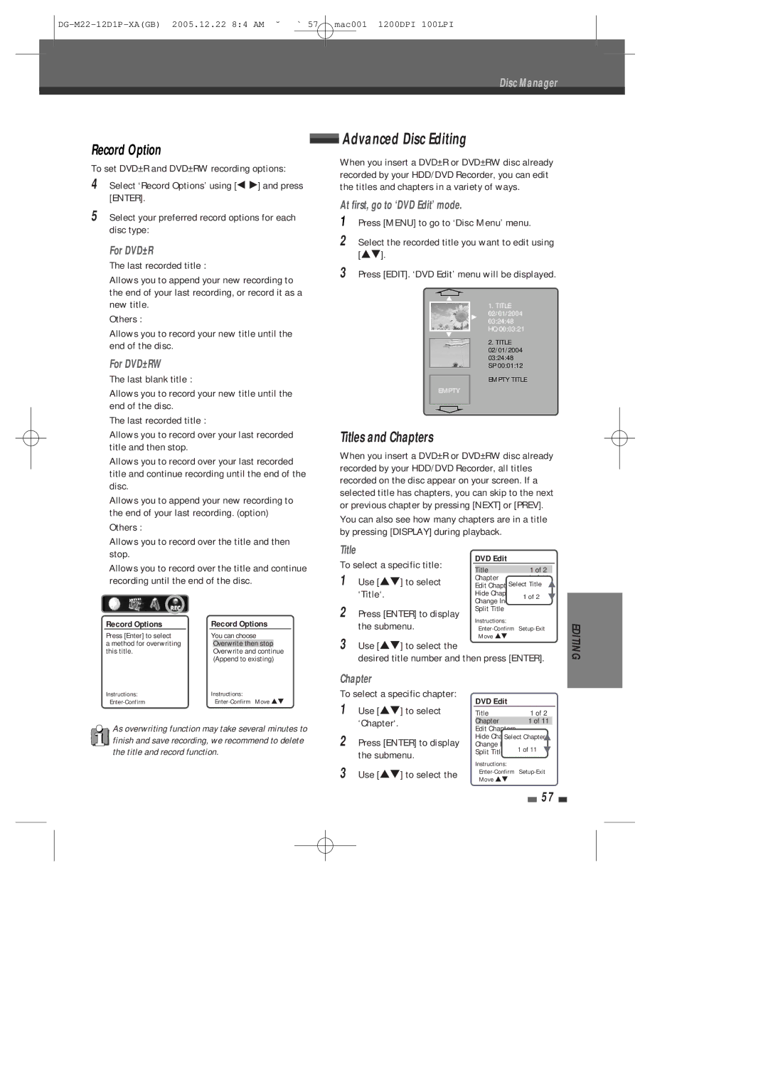 Daewoo DHR-8100P user manual Advanced Disc Editing, Record Option, Titles and Chapters 