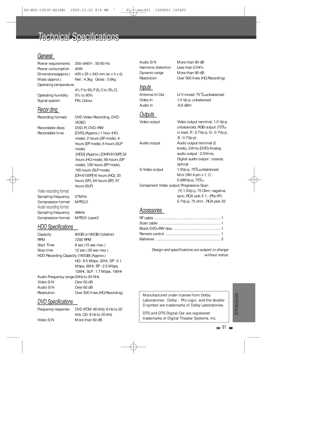 Daewoo DHR-8100P user manual General, Recording, HDD Specifications, DVD Specifications, Inputs, Outputs, Accessories 