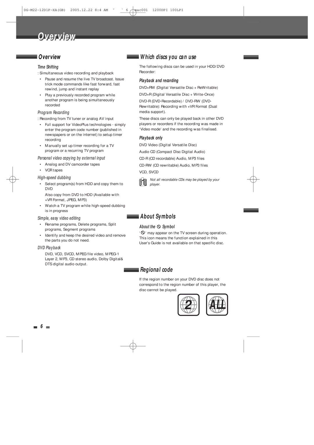 Daewoo DHR-8100P user manual Overviewi, About Symbols, Regional code 