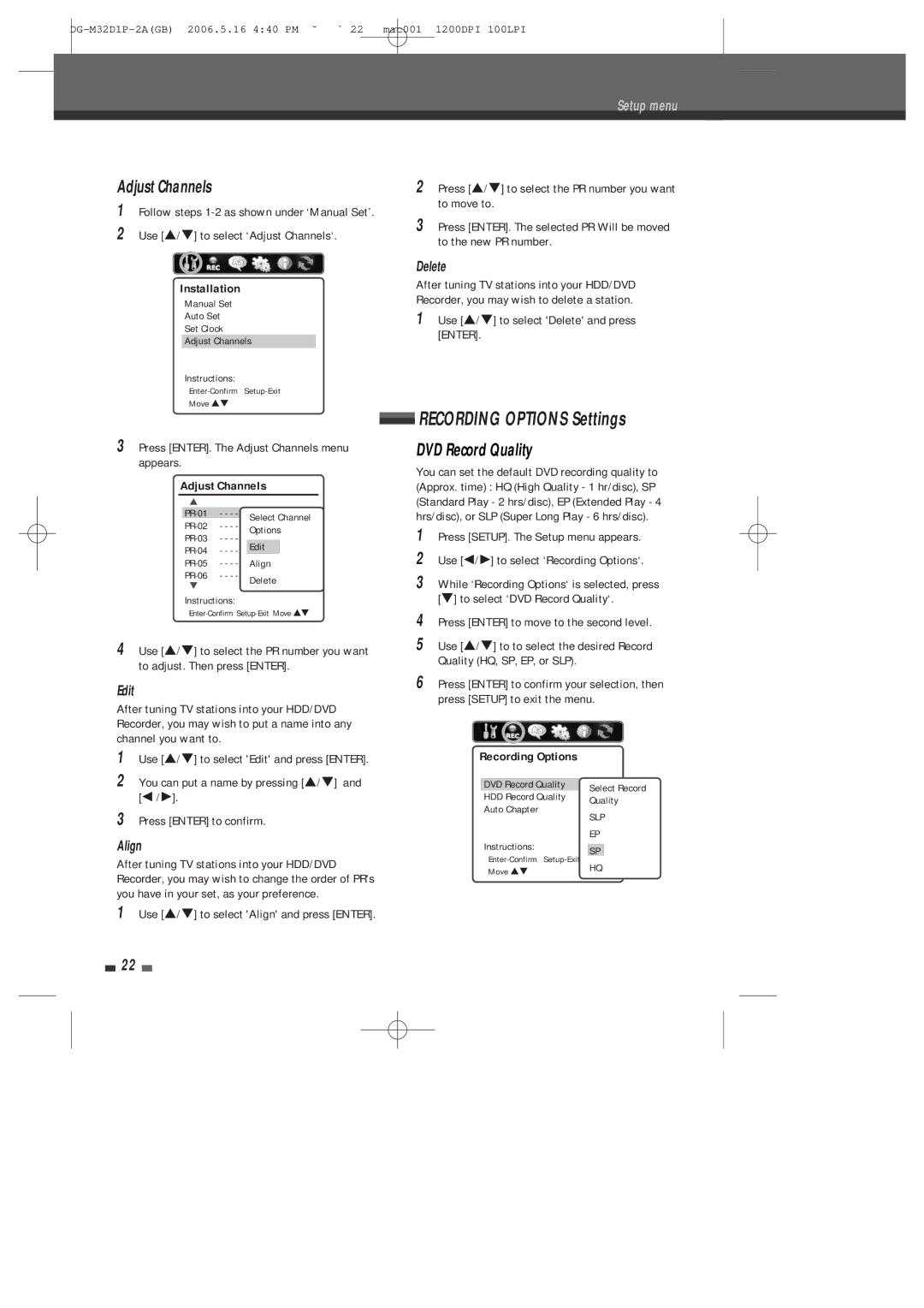 Daewoo DHR-9105P user manual Recording Options Settings, Adjust Channels, DVD Record Quality 