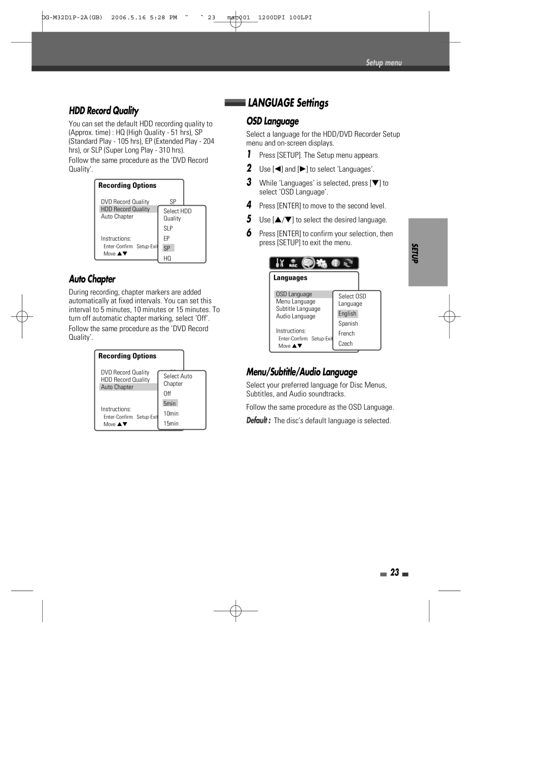 Daewoo DHR-9105P Language Settings, HDD Record Quality, OSD Language, Auto Chapter, Menu/Subtitle/Audio Language 