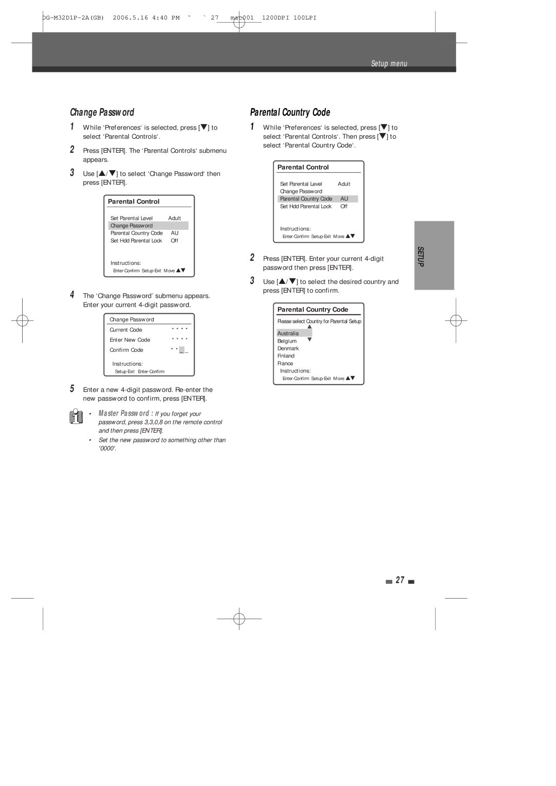 Daewoo DHR-9105P user manual Change Password, Select ‘Parental Country Code‘ 