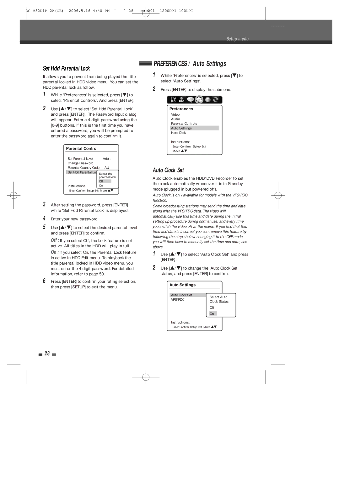 Daewoo DHR-9105P user manual Preferences / Auto Settings, Set Hdd Parental Lock, Auto Clock Set 