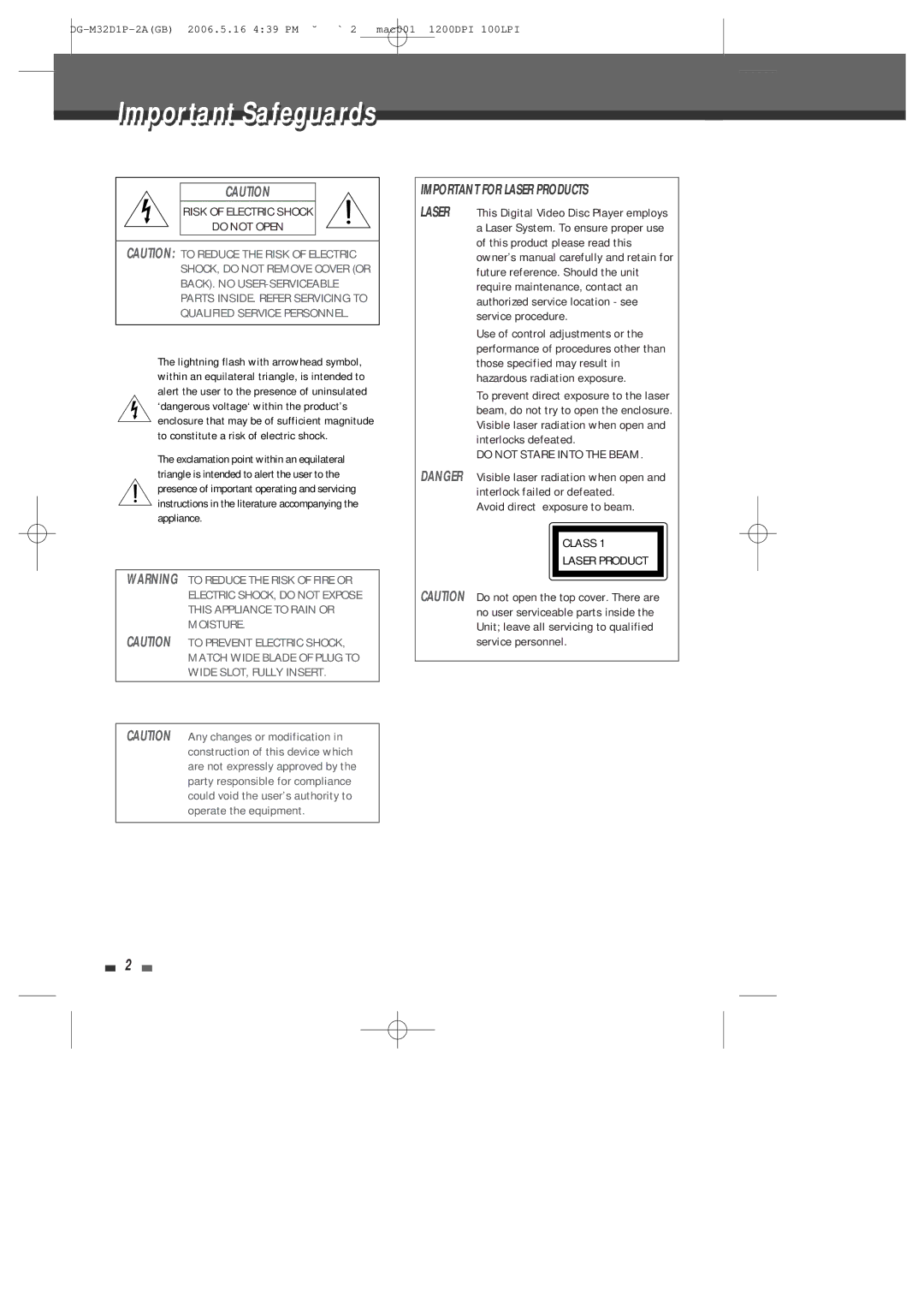 Daewoo DHR-9105P user manual Important Safeguards, Avoid direct exposure to beam 