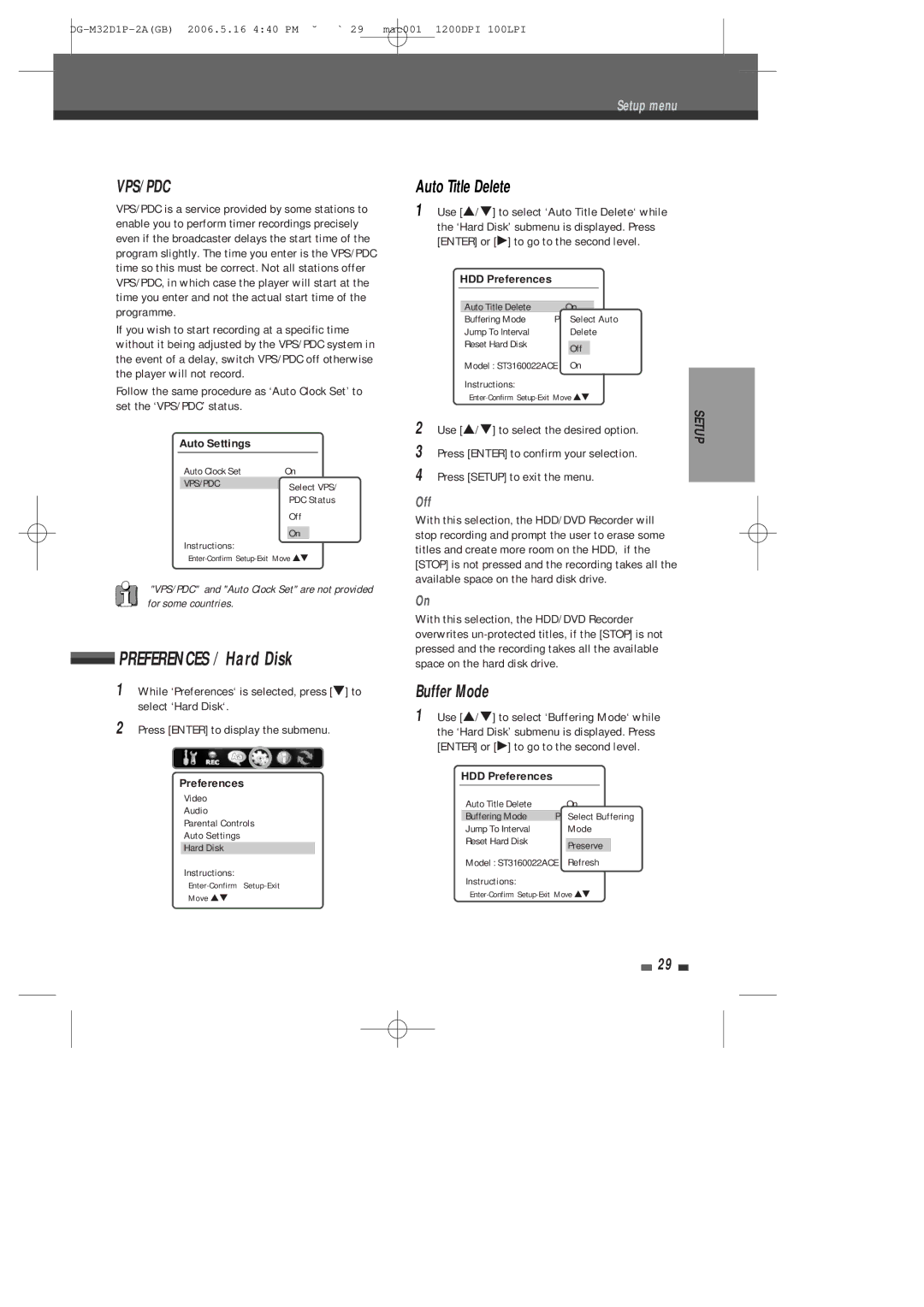 Daewoo DHR-9105P user manual Preferences / Hard Disk, Auto Title Delete, Buffer Mode, HDD Preferences 