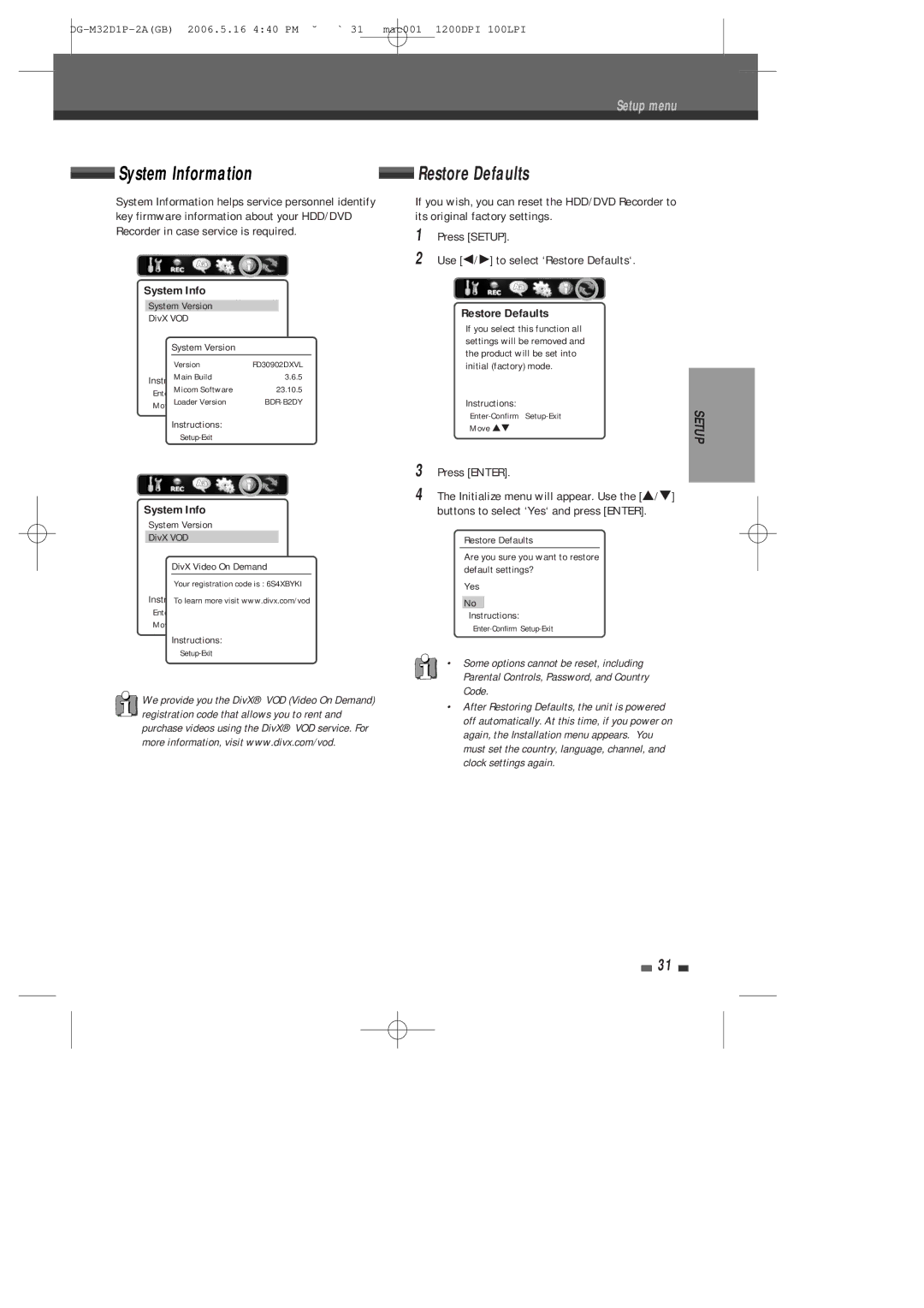 Daewoo DHR-9105P user manual System Information, Restore Defaults 