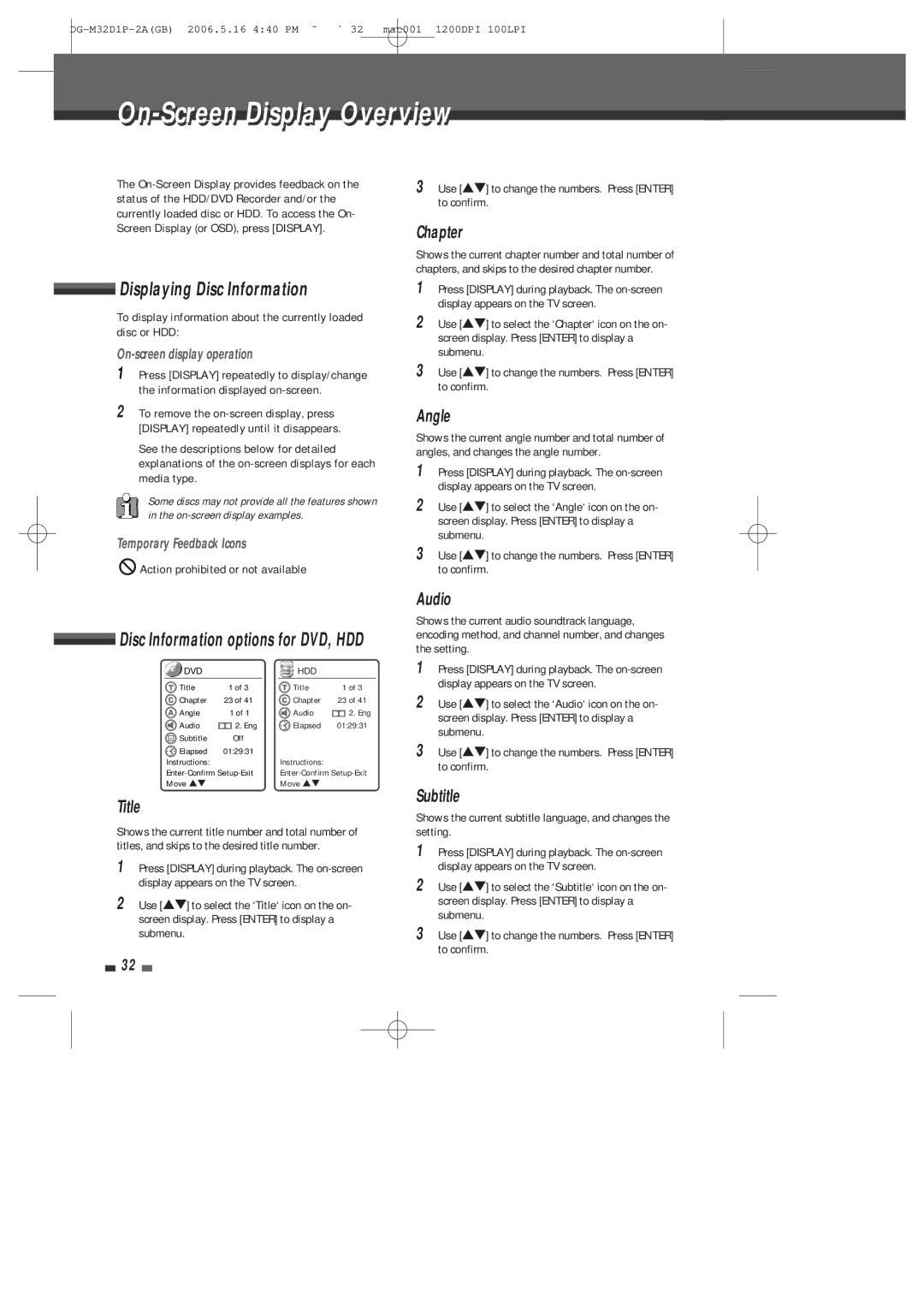 Daewoo DHR-9105P user manual On-Screen Displayi l Overviewi, Displaying Disc Information 