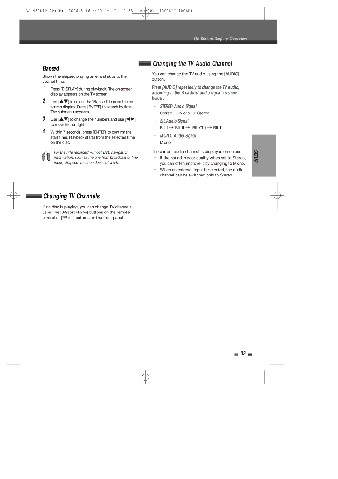 Daewoo DHR-9105P Changing the TV Audio Channel, Changing TV Channels, Elapsed, BIL Audio Signal, Mono Audio Signal Mono 