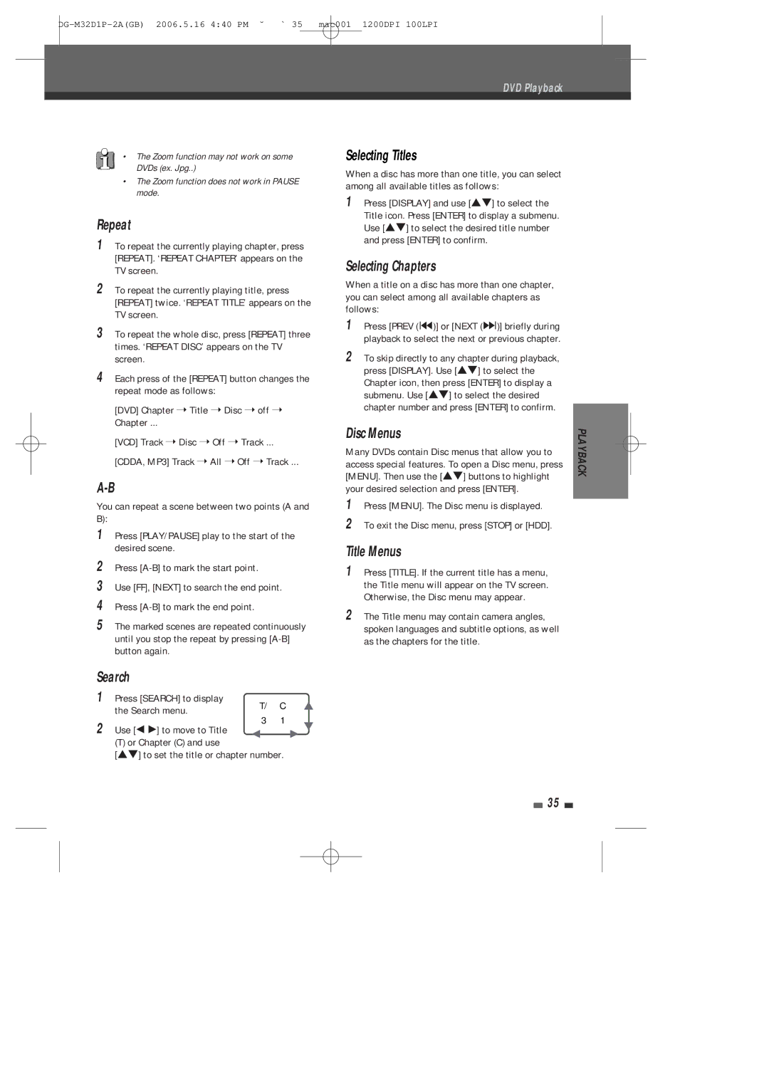 Daewoo DHR-9105P user manual Repeat, Search, Selecting Titles, Selecting Chapters, Disc Menus, Title Menus 