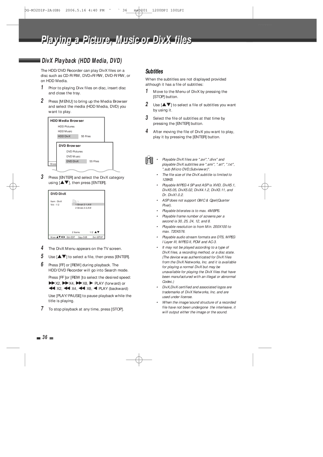 Daewoo DHR-9105P user manual Playingl i a Picture,i , Musicic or DivXi filesil, DivX Playback HDD Media, DVD 