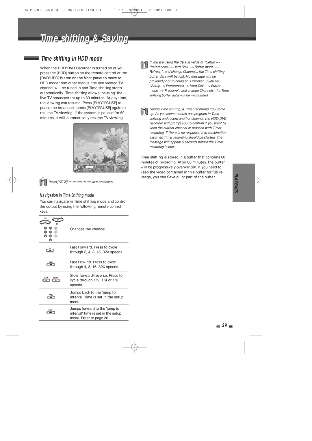 Daewoo DHR-9105P user manual Timei shiftingi ti & Savingi, Time shifting in HDD mode, Navigation in Time Shifting mode 