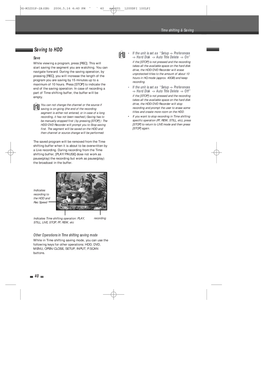 Daewoo DHR-9105P user manual Saving to HDD, Save, Other Operations in TIme shifting saving mode, Stop again 