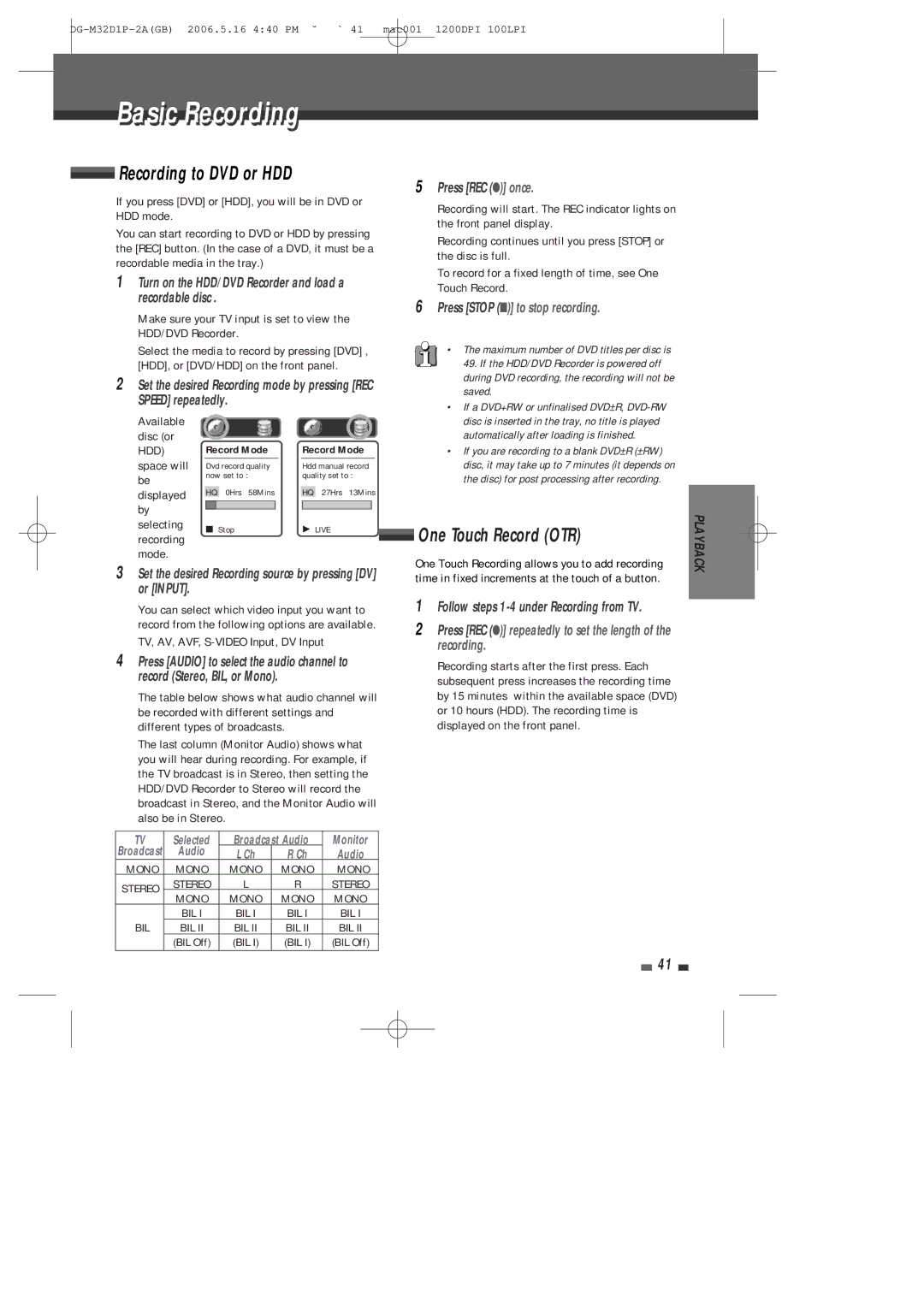 Daewoo DHR-9105P user manual Basicic Recordingi, Recording to DVD or HDD, One Touch Record OTR 