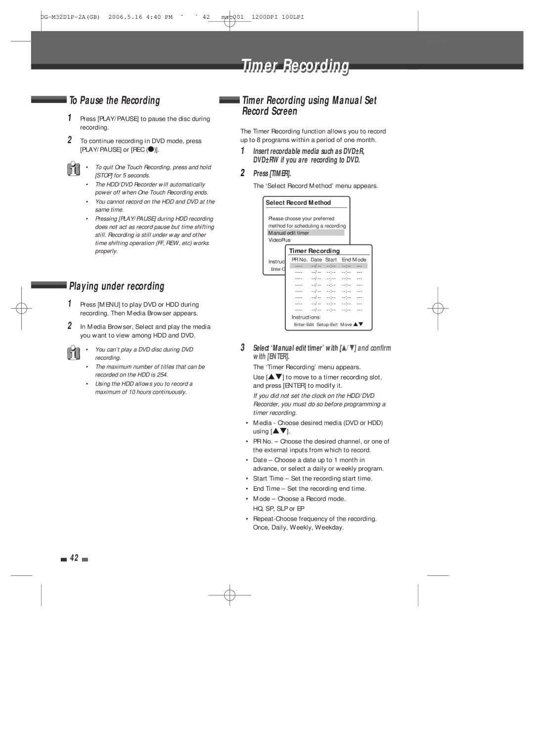 Daewoo DHR-9105P user manual Timer Recording, To Pause the Recording, Playing under recording 