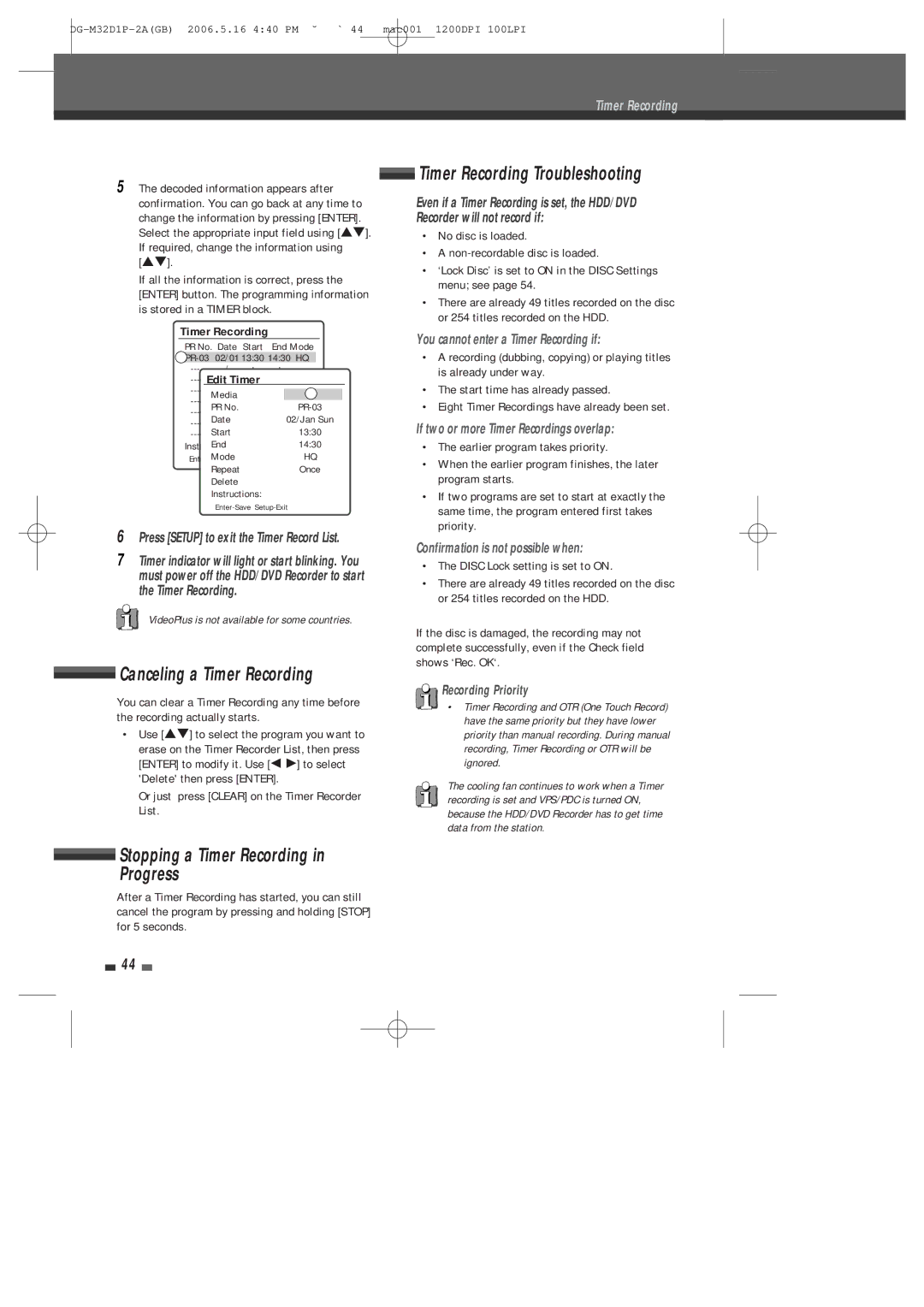 Daewoo DHR-9105P Canceling a Timer Recording, Timer Recording Troubleshooting, Stopping a Timer Recording in Progress 