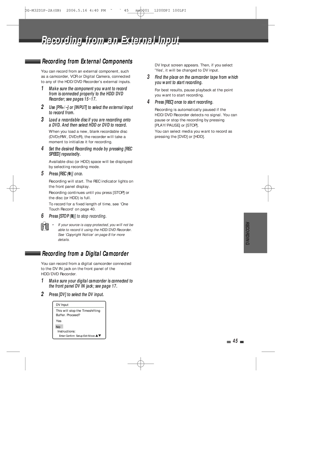 Daewoo DHR-9105P Recording from an External Input, Recording from a Digital Camcorder, Press REC once to start recording 